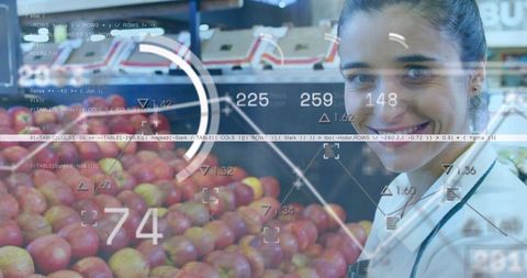 Smiling Produce Clerk with Augmented Reality Retail Analytics Overlay for Grocery