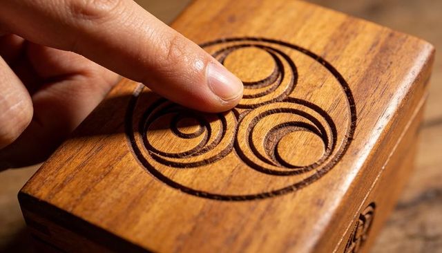 Tracing fingertip on carved wooden box lid with triple-spiral triskele motif