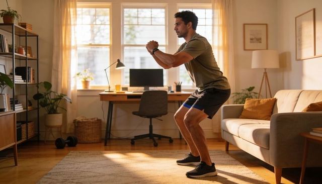Man performing squats with mini loop band in sunlit living room home office workout