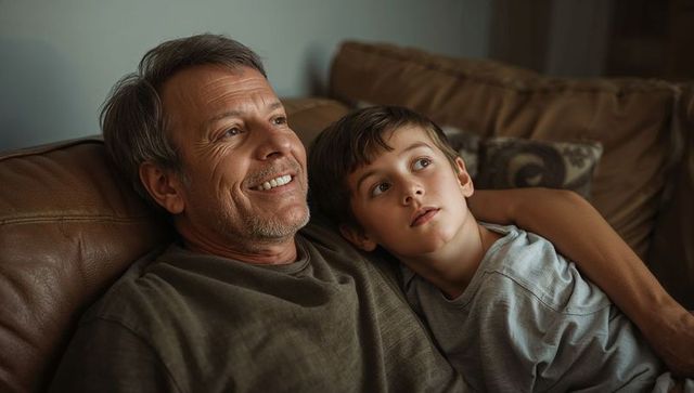 Father and son cuddling on couch at evening, warm family bonding moment