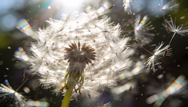 Backlit dandelion releasing shimmering seeds and floating parachutes with luminous bokeh