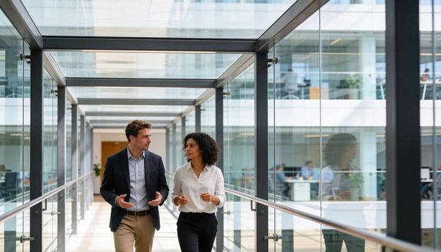 Business professionals walking and discussing in modern glass-walled corporate corridor