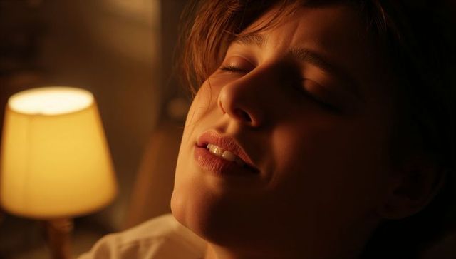 Reclining woman closing eyes in warm bedside lamp glow, intimate nighttime portrait