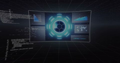 Projecting Futuristic Holographic Data Console with Glowing Central Hub and Analytics Panels