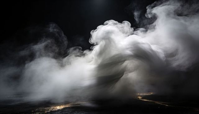 Swirling vapor cloud rising over wet studio floor reflecting golden puddles dramatic contrast fog