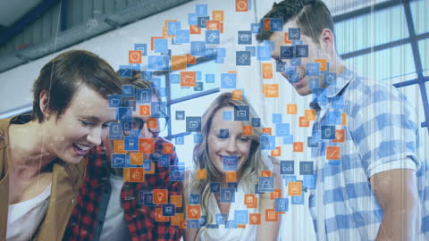 Business Team Collaborating with Digital Media Icons Overlaid