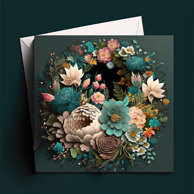 Beautiful floral card with a meticulously crafted wreath of colorful paper flowers on a dark background. Ideal for various celebratory occasions such as birthdays, weddings, and anniversaries. Perfect for crafting, scrapbooking, or as a digital greeting card design.