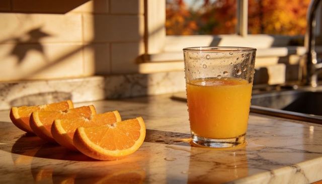 Glass of orange juice catching golden sunlight on marble countertop with fresh orange wedges