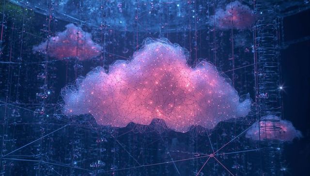 Futuristic Glowing Cloud with Network Wires in Sci-Fi Exhibition