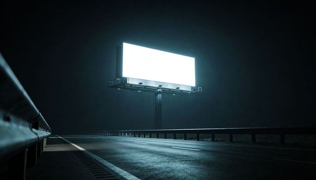Blank illuminated billboard standing above empty wet highway at night, moody advertising