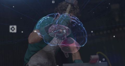 Metalworker Innovating with Holographic Brain Technology in Workshop