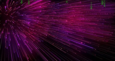 Neon purple abstract digital data streams with green binary codes