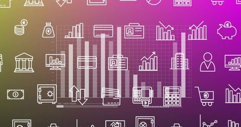 Translucent bar chart with financial icons over gradient grid for data visualization