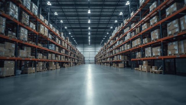 Empty modern warehouse aisle with pallet racking and reflective concrete floor, symmetry