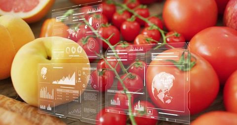Displaying augmented reality data overlaying cherry tomatoes, peaches and grapefruit