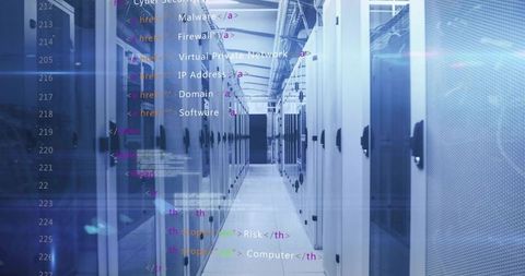 Walking data center aisle revealing white, gray server racks with code overlay and blue tones