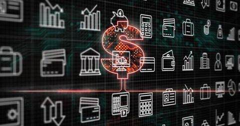 Glowing digital dollar powering fintech network with neon circuitry and financial icons data grid