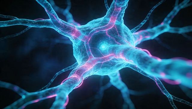 Glowing neuron sending electrical signals 3D neural render cyan magenta highlights biotech