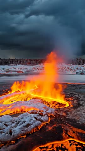 Vertical video showing erupting lava vent spreading molten pool across frozen pond, cracking ice
