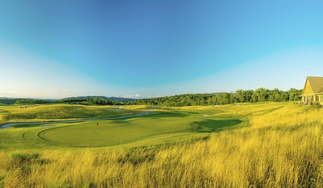 This photo could be used in promotional materials for golf courses, outdoor sports events, or leisure activity advertisements. It captures the beauty and tranquility of a scenic golf course set amidst rolling hills, showcasing a well-maintained green and clear blue sky. Ideal for travel brochures, sports magazines, and websites focused on recreational activities.