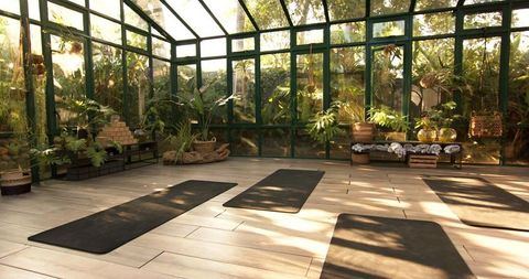 Zen Yoga Studio in Sunlit Glass Greenhouse Retreat - Download Free Stock Images Pikwizard.com