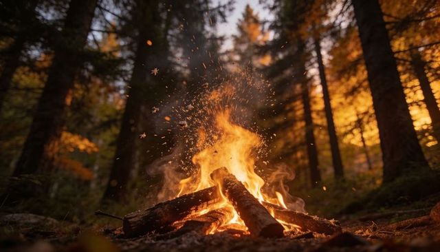 Crackling campfire burning logs in pine forest at dusk with glowing embers and sparks
