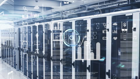 Futuristic Server Room with Digital Overlay and Data Icons