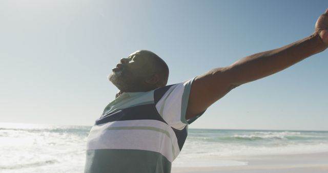 Senior Man Enjoying the Breeze on a Sunny Beach - Download Free Stock Images Pikwizard.com