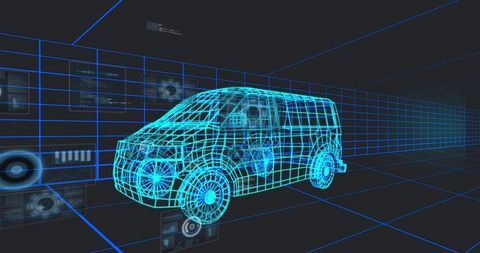 Neon wireframe van rotating in virtual reality hud corridor for automotive design