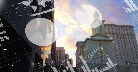 Modern Financial Data Overlay on Urban Skyline at Sunset