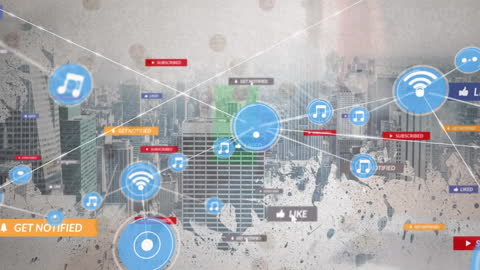 Digital Network and Social Media Icons Over Cityscape