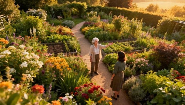 Sunlit cottage garden tour with senior woman gesturing to guest along gravel path