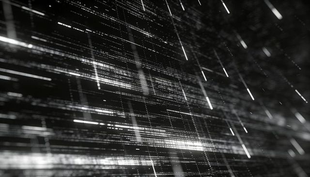 Streaming monochrome data grid moving through virtual tunnel with diagonal light streaks