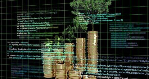 Stacked gold coins sprouting green seedlings on digital code grid for fintech growth
