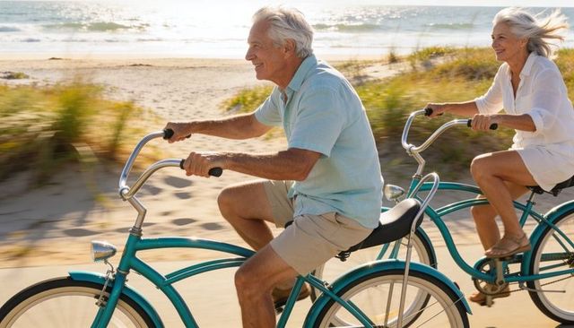 Senior couple riding teal cruiser bikes along sunny beach path enjoying seaside breeze