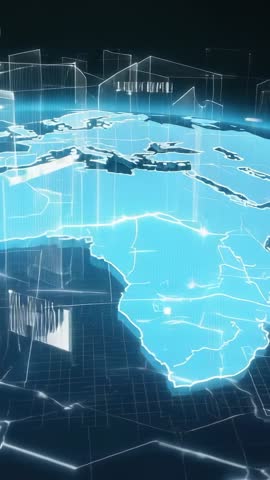 Hologram map emerging over Africa and Europe with pulsing nodes — vertical tech animation