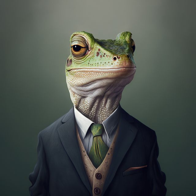 Lizard with suit and green tie on green background, created using generative ai technology. Nature and style concept, digitally generated image.