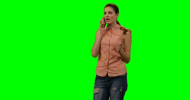 Surprised Woman Talking on Phone Against Green Screen - Download Free Stock Images Pikwizard.com