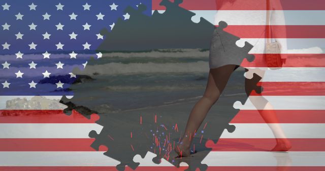Footsteps on Beach with Patriotic American Flag Overlay - Download Free Stock Images Pikwizard.com