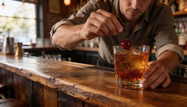 Bartender garnishing old fashioned with cherry on rustic wooden bar, warm backlit ambience