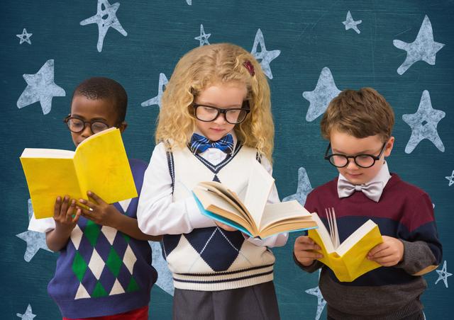 This image features a diverse group of children intently reading books against a star-patterned chalkboard background. All students are wearing glasses and displaying focused and studious expressions. This image is ideal for educational content, school promotions, literacy campaigns, and articles focused on childhood education and academic achievement.