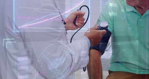 Doctor Measuring Blood Pressure with Digital Data Overlay