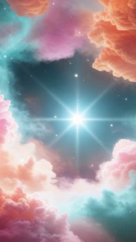 Opening Pastel Clouds Framing Six-Pointed Glowing Star in Vertical Celestial Video