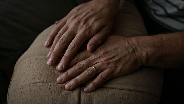 Resting male hands with wedding band on beige armrest close-up moody skin texture details