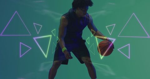 Neon Geometric Overlay on African American Basketball Athlete