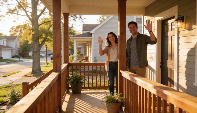 Smiling couple waving on sunlit suburban front porch at golden hour, welcoming neighbors