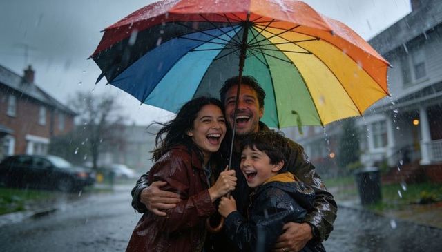 Laughing family huddling under rainbow umbrella in heavy rain on neighborhood street