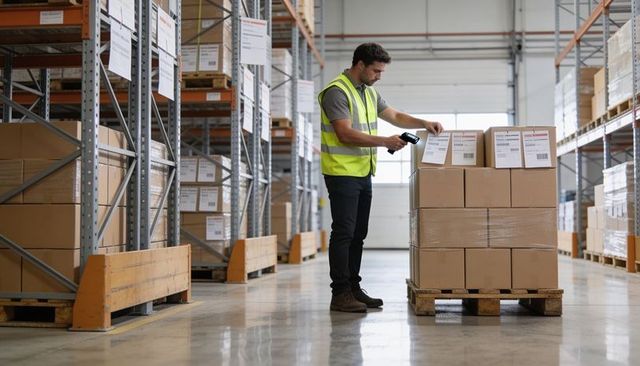 Scanning warehouse worker checking shipping labels on pallet for inventory control