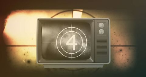 Retro film countdown on vintage tv with movie reel background