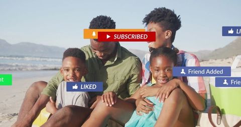 Multigenerational family enjoying beach afternoon with social media notifications